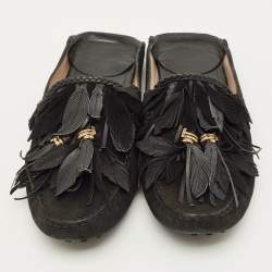 Pre Owned Tod's Size 38 Black Suede Tassel Fringe Mules