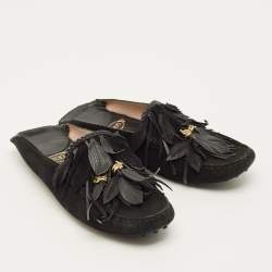 Pre Owned Tod's Size 38 Black Suede Tassel Fringe Mules