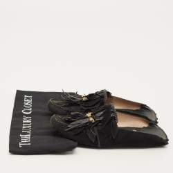 Pre Owned Tod's Size 38 Black Suede Tassel Fringe Mules