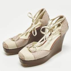 Pre Owned Tod's Size 39.5 Grey Canvas and Python Leather Wedge Pumps