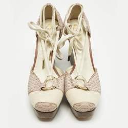 Pre Owned Tod's Size 39.5 Grey Canvas and Python Leather Wedge Pumps