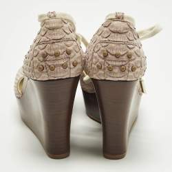 Pre Owned Tod's Size 39.5 Grey Canvas and Python Leather Wedge Pumps