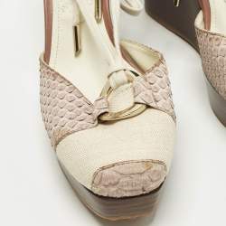 Pre Owned Tod's Size 39.5 Grey Canvas and Python Leather Wedge Pumps