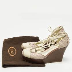 Pre Owned Tod's Size 39.5 Grey Canvas and Python Leather Wedge Pumps