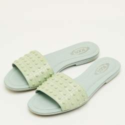 Pre Owned Tod's Size 37 Mint Green Patent Leather Studded Flat Sandals