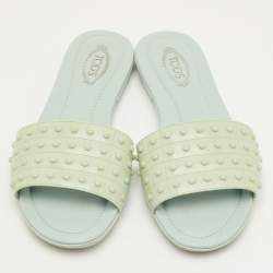 Pre Owned Tod's Size 37 Mint Green Patent Leather Studded Flat Sandals