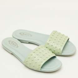Pre Owned Tod's Size 37 Mint Green Patent Leather Studded Flat Sandals