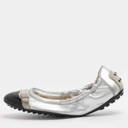 Pre Owned Tod's Size 35 Silver/Black Patent and Leather Ballet Flats