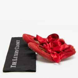 Pre Owned Tod's Cherry Size 38.5 Red Suede Ankle Wrap Scrunch Ballet Flats