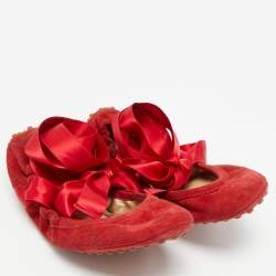 Pre Owned Tod's Cherry Size 38.5 Red Suede Ankle Wrap Scrunch Ballet Flats