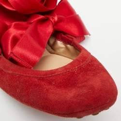 Pre Owned Tod's Cherry Size 38.5 Red Suede Ankle Wrap Scrunch Ballet Flats