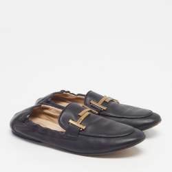 Pre Owned Tod's Double T Size 36.5 Black Leather Loafers