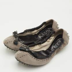 Pre Owned Tod's Tassels Size 37 Brown/Black Suede and Patent Leather Scrunch Ballet Flats