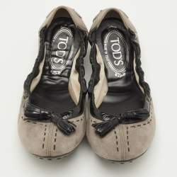 Pre Owned Tod's Tassels Size 37 Brown/Black Suede and Patent Leather Scrunch Ballet Flats