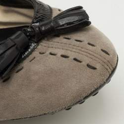 Pre Owned Tod's Tassels Size 37 Brown/Black Suede and Patent Leather Scrunch Ballet Flats