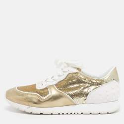 Pre Owned حذاء رياضي تودز جلد وترتر أبيض لامع/ذهبي بعنق منخفض مقاس 39