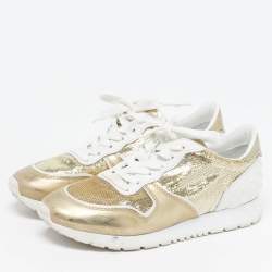 Pre Owned حذاء رياضي تودز جلد وترتر أبيض لامع/ذهبي بعنق منخفض مقاس 39