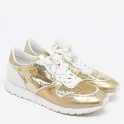 Pre Owned حذاء رياضي تودز جلد وترتر أبيض لامع/ذهبي بعنق منخفض مقاس 39