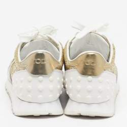 Pre Owned حذاء رياضي تودز جلد وترتر أبيض لامع/ذهبي بعنق منخفض مقاس 39