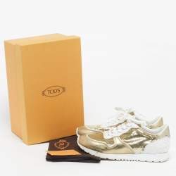 Pre Owned حذاء رياضي تودز جلد وترتر أبيض لامع/ذهبي بعنق منخفض مقاس 39