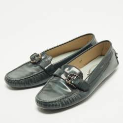Pre Owned Tod's Size 37 Green Patent Leather Driver Buckle Detail Loafers