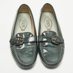 Pre Owned Tod's Size 37 Green Patent Leather Driver Buckle Detail Loafers