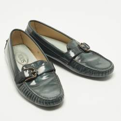 Pre Owned Tod's Size 37 Green Patent Leather Driver Buckle Detail Loafers