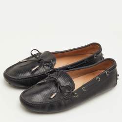 Pre Owned Tod's Size 39 Black Lizard Embossed Leather Slip On Loafers