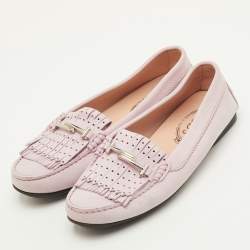 Pre Owned Tod's Size 39 Pink Nubuck Leather Laser Cut Fringe Slip On Loafers