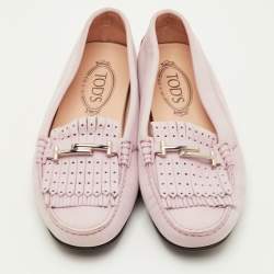 Pre Owned Tod's Size 39 Pink Nubuck Leather Laser Cut Fringe Slip On Loafers