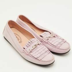 Pre Owned Tod's Size 39 Pink Nubuck Leather Laser Cut Fringe Slip On Loafers