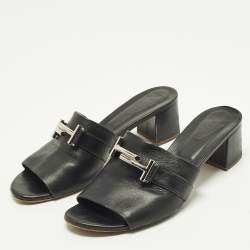 Pre Owned Tod's Double T Size 41 Black Leather Block Heel Slide Sandals