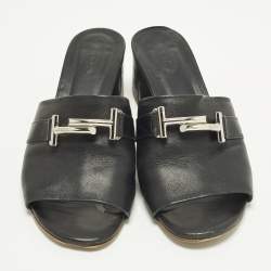 Pre Owned Tod's Double T Size 41 Black Leather Block Heel Slide Sandals