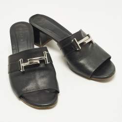 Pre Owned Tod's Double T Size 41 Black Leather Block Heel Slide Sandals