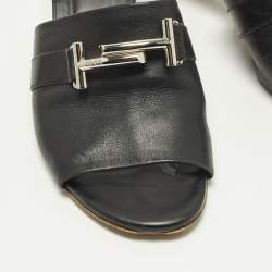 Pre Owned Tod's Double T Size 41 Black Leather Block Heel Slide Sandals