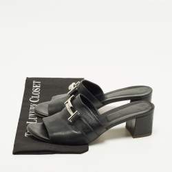 Pre Owned Tod's Double T Size 41 Black Leather Block Heel Slide Sandals