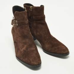 Pre Owned Tod's Size 38.5 Brown Suede Buckled Ankle Length Boots