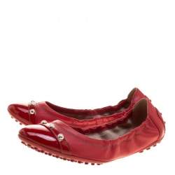 Tod's Red Leather Studs Detail Scrunch Ballet Flats Size 37