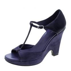 مملوكة مسبقًا Tod's Blue Suede T-Strap Platform Wedge Sandals Size 38