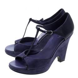 مملوكة مسبقًا Tod's Blue Suede T-Strap Platform Wedge Sandals Size 38