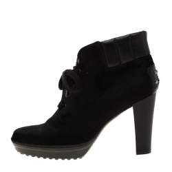 Pre Owned Tod's Black Calf Hair And Leather Trim Lace Up Ankle Boots Size 37.5