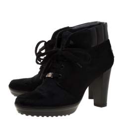 Pre Owned Tod's Black Calf Hair And Leather Trim Lace Up Ankle Boots Size 37.5