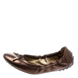 Pre Owned Tod's Metallic Bronze Leather Bow Scrunch Ballet Flats 37