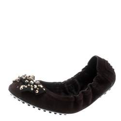 Tod's Brown Suede Studded Bow Ballet Flats Size 37 