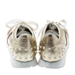 Pre Owned Tod's Metallic Gold Leather Allaciata Studded Lace Up Sneakers Size 39