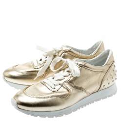 Pre Owned Tod's Metallic Gold Leather Allaciata Studded Lace Up Sneakers Size 39