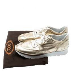 Pre Owned Tod's Metallic Gold Leather Allaciata Studded Lace Up Sneakers Size 39