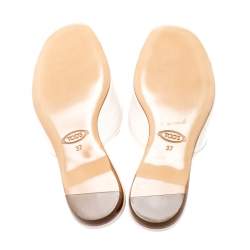 Pre Owned Tod's Limited Edition Light Pink Leather Crystal Embellished Bow Peep Toe Flat Slides Size 37