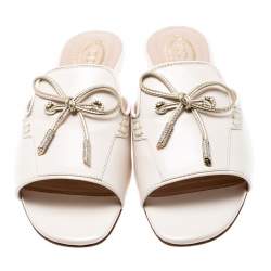 Pre Owned Tod's Limited Edition Light Pink Leather Crystal Embellished Bow Peep Toe Flat Slides Size 37