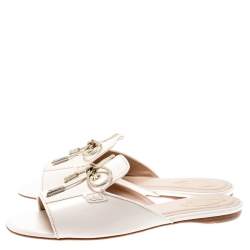 Pre Owned Tod's Limited Edition Light Pink Leather Crystal Embellished Bow Peep Toe Flat Slides Size 37